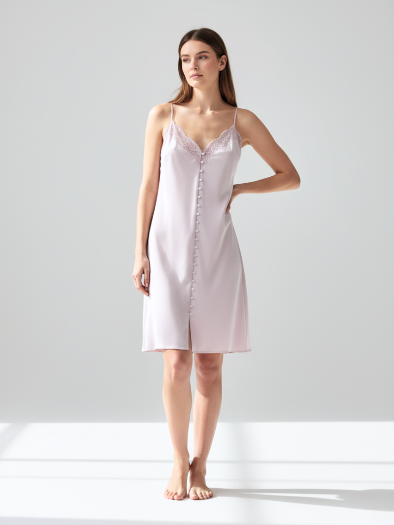 100% Mulberry Silk Mini Nightgown – Elegant Lace Trim & Flattering Side Slit