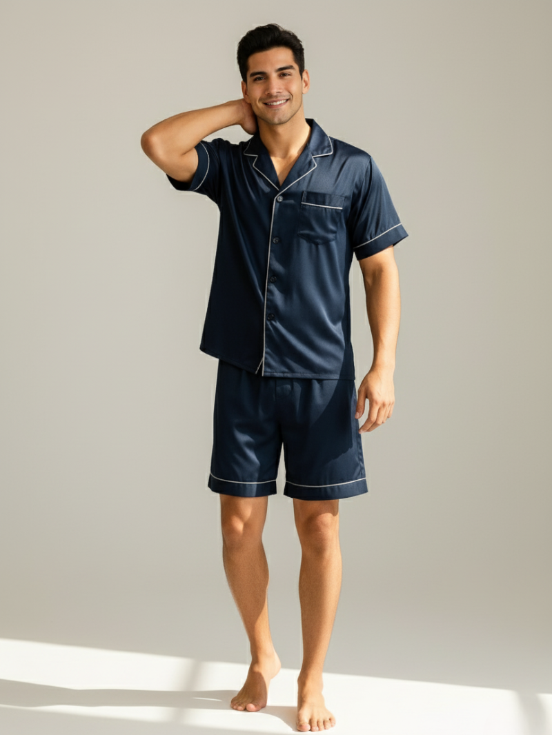 Men’s Ice Silk Pajama Set – Short Sleeve Loose Fit Sleepwear & Homewear Suit