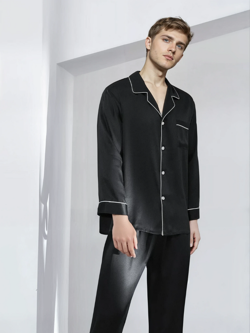 Men’s 100% Mulberry Silk 16 Momme satin crepe Pajama Set Long Sleeve Shirt & Trousers