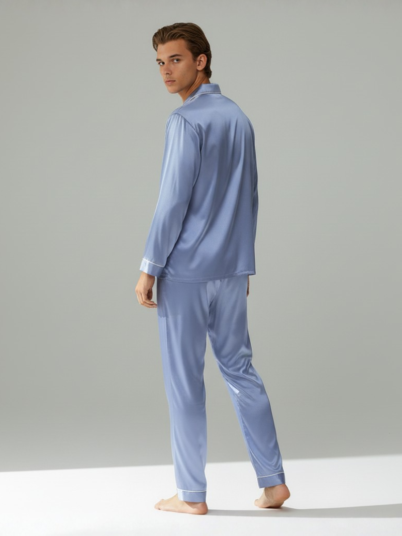 Men's Ice Silk Pajamas – Long Sleeve Pants Set for Spring and Autumn, Casual Summer Silk Suit
