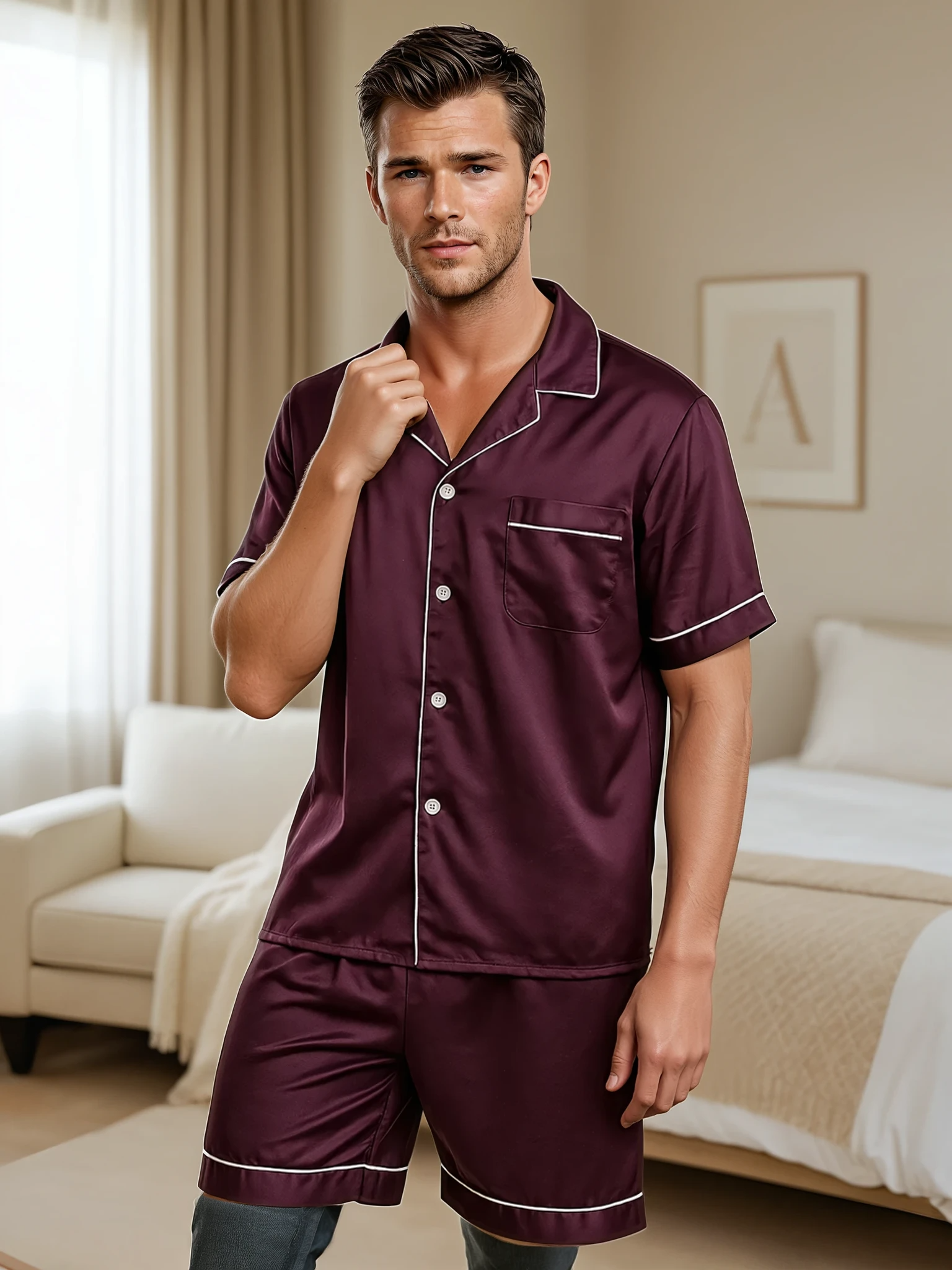 Men’s Silk Pajama Set – Short Sleeve Shirt & Shorts Nightwear
