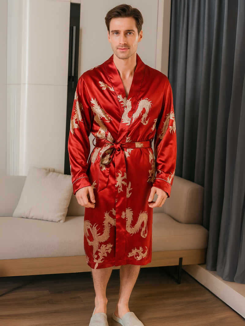 Men’s Lightweight Long Sleeve Robe with Golden Dragon Print – Stylish Loungewear & Pajama Cover-Up for All Seasons