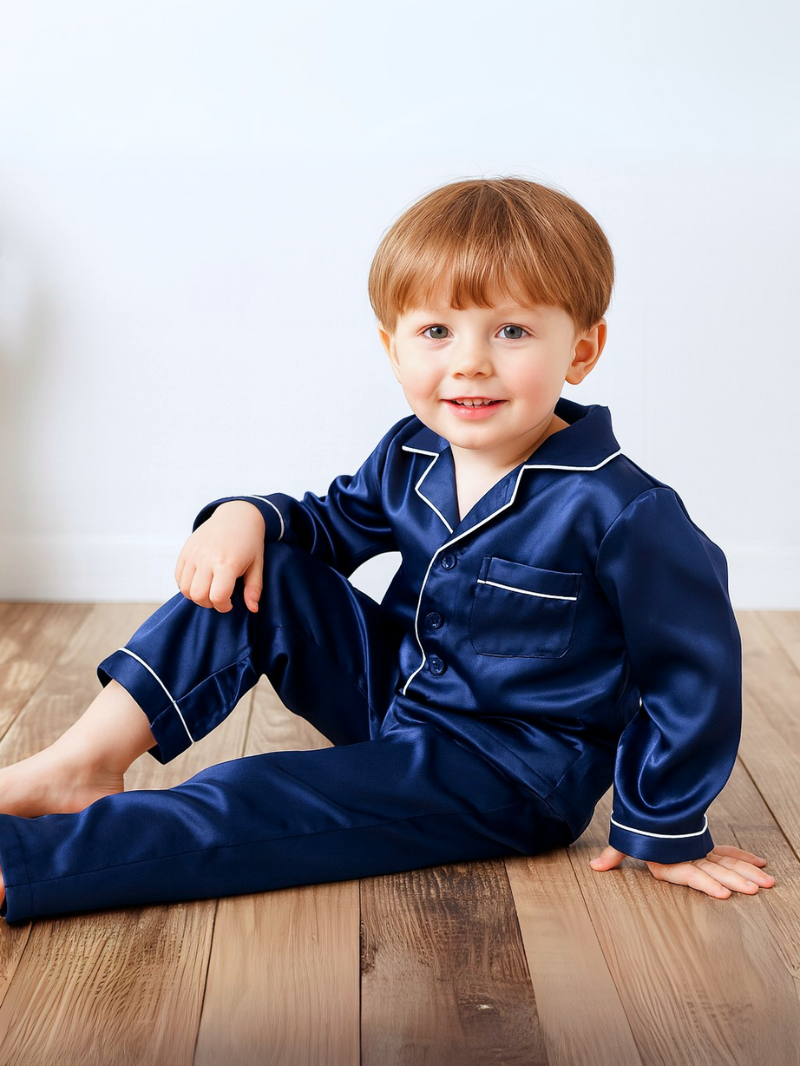 100% Mulberry Silk Kids Pajama Set – Soft Long Sleeve Nightwear with Elegant Black Trim