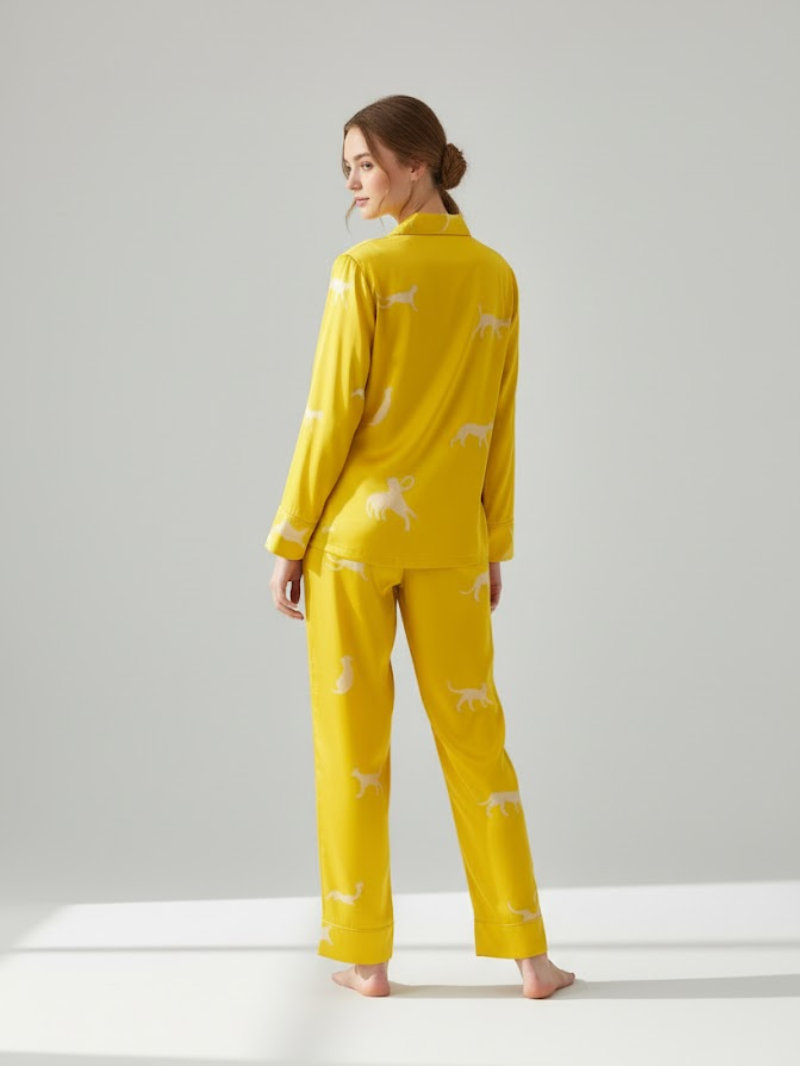 100% Mulberry Silk Leopard Print Long Sleeve Pajama Set – Luxurious Women’s Sleepwear