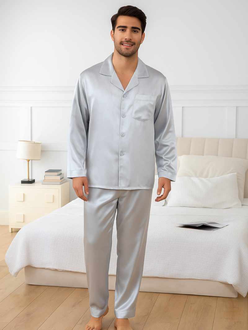 Men’s Silk-Look Pajama Set – Lightweight Long Sleeve Lounge & Sleepwear for Home Comfort