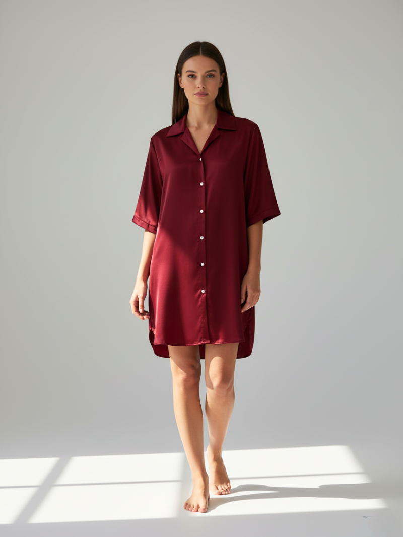 Soft Satin Long Sleep Shirt for Women – Elegant Half-Sleeve Lounge Top with Lapel & Buttons