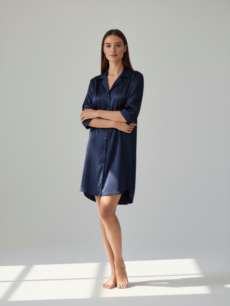Soft Satin Long Sleep Shirt for Women – Elegant Half-Sleeve Lounge Top with Lapel & Buttons