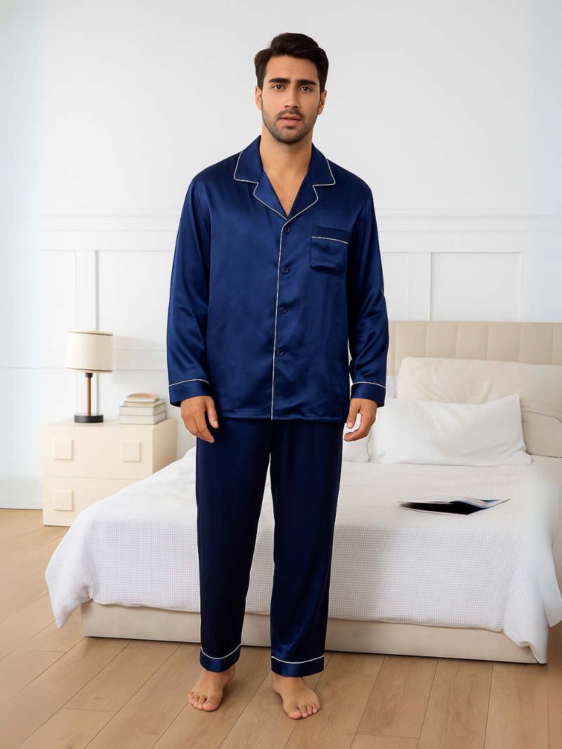 Men’s Silk-Look Pajama Set – Lightweight Long Sleeve Lounge & Sleepwear for Home Comfort