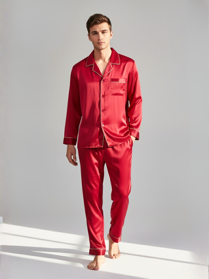 Men’s 100% Mulberry Silk 16 Momme satin crepe Pajama Set Long Sleeve Shirt & Trousers