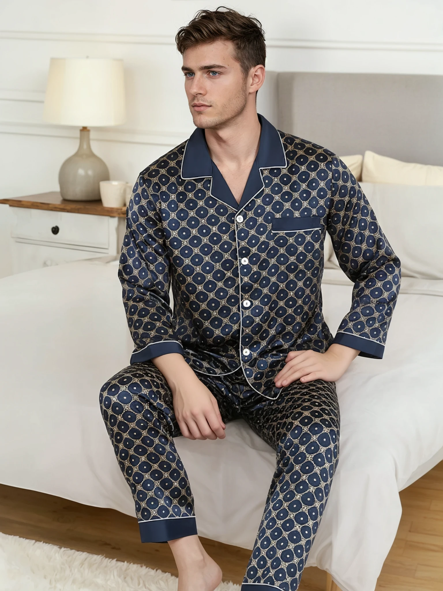 Men’s Silk-Feel Pajama Set – Lightweight Long & Short Sleeve Sleepwear for All Seasons