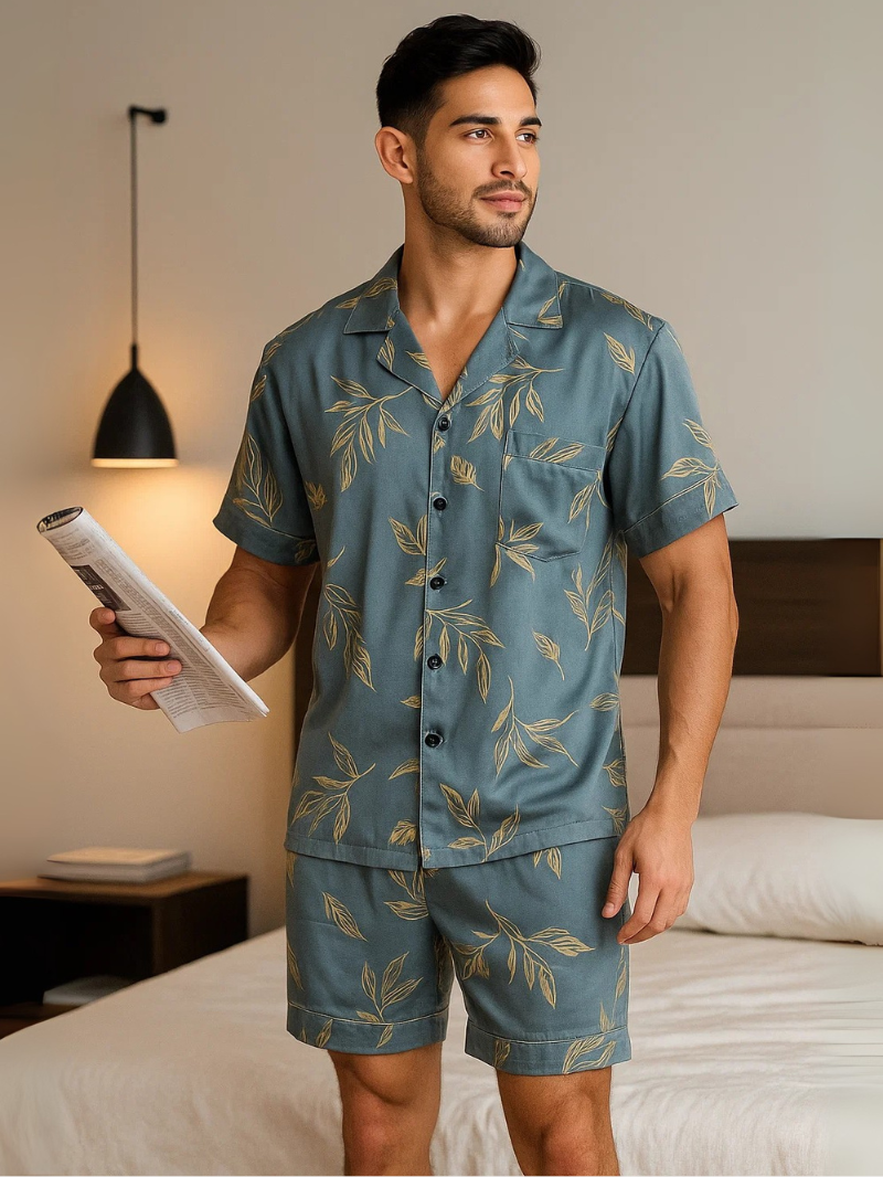 Men’s Ice Silk Pajama Set – Short Sleeve Loose Fit Sleepwear & Homewear Suit