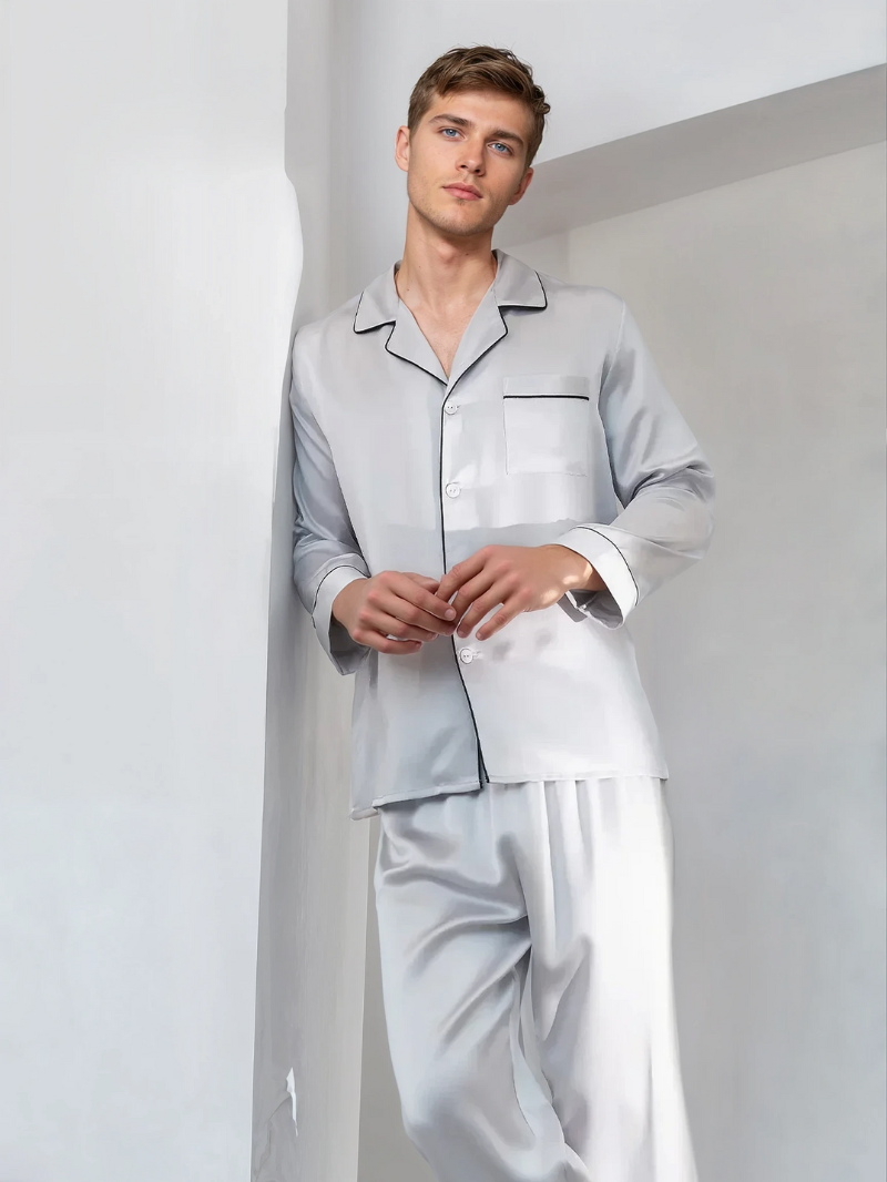 Men’s 100% Mulberry Silk 16 Momme satin crepe Pajama Set Long Sleeve Shirt & Trousers