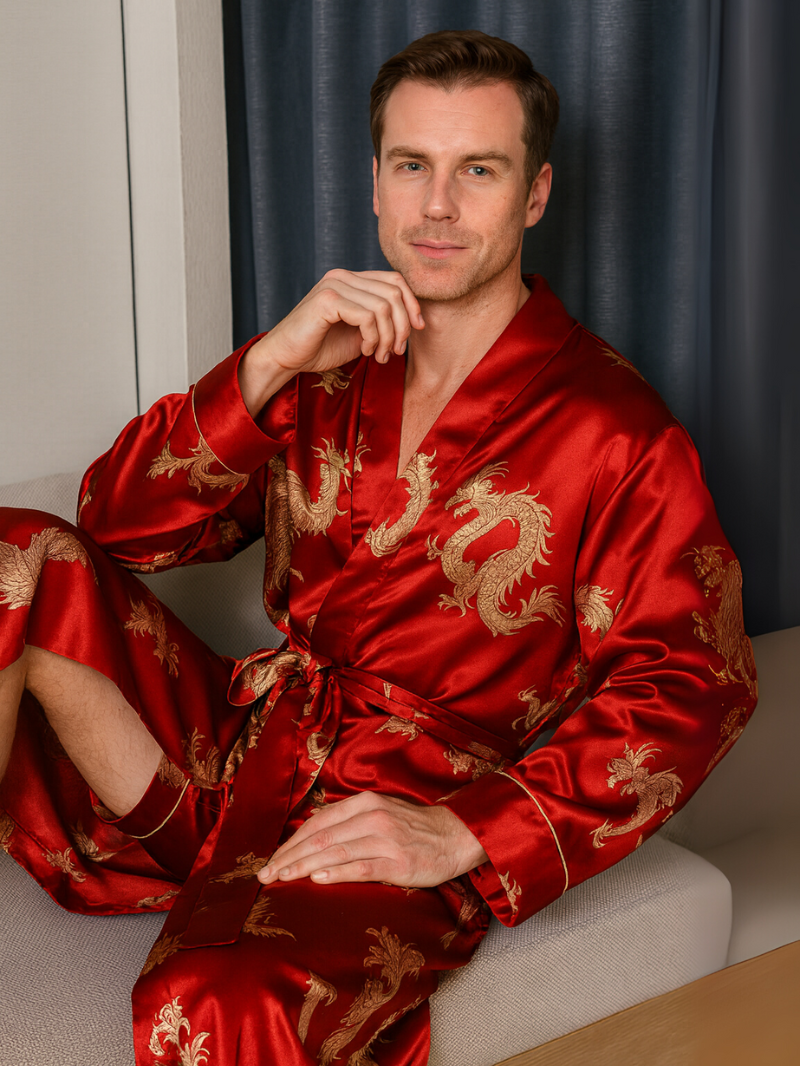 Men’s Lightweight Long Sleeve Robe with Golden Dragon Print – Stylish Loungewear & Pajama Cover-Up for All Seasons