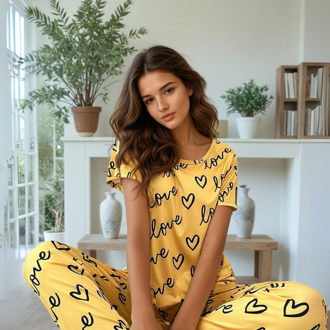 Women's Summer Silk Pajama Set - Short Sleeves & Long Pants