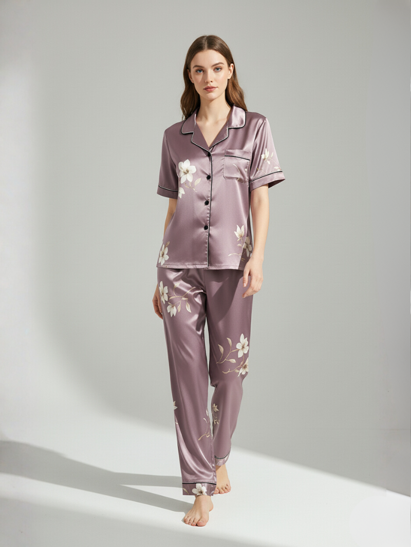 Women’s Pajama Set – Soft, Breathable Short Sleeve Polyester Sleepwear with Pants