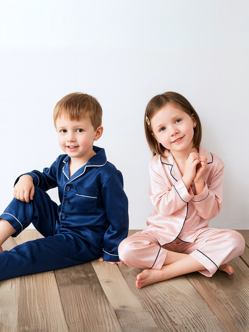 100% Mulberry Silk Kids Pajama Set – Soft Long Sleeve Nightwear with Elegant Black Trim