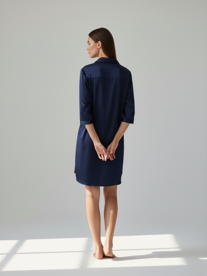 Soft Satin Long Sleep Shirt for Women – Elegant Half-Sleeve Lounge Top with Lapel & Buttons