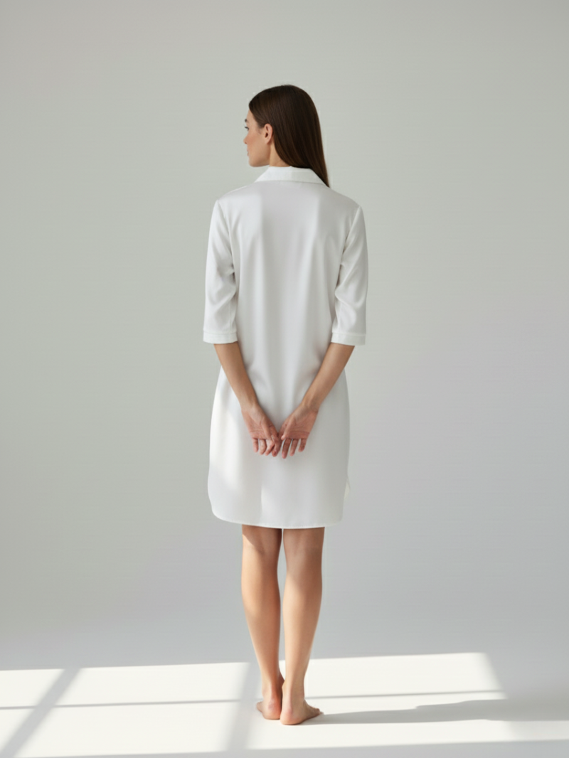 Soft Satin Long Sleep Shirt for Women – Elegant Half-Sleeve Lounge Top with Lapel & Buttons