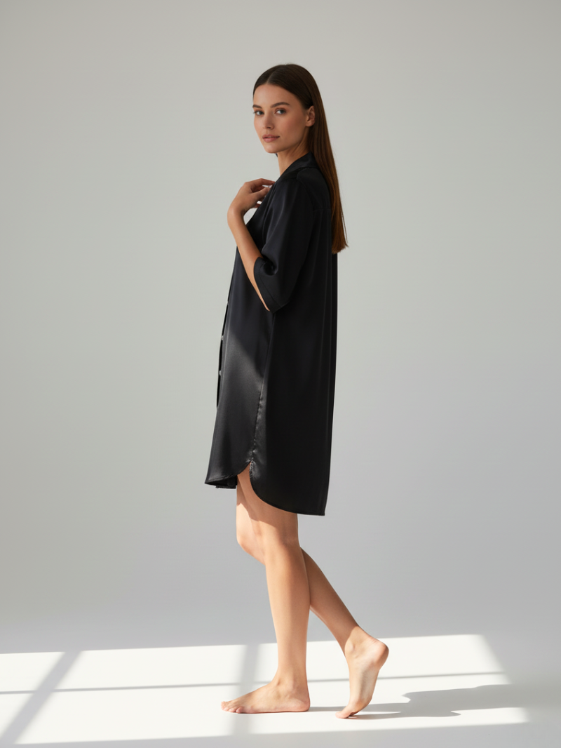 Soft Satin Long Sleep Shirt for Women – Elegant Half-Sleeve Lounge Top with Lapel & Buttons