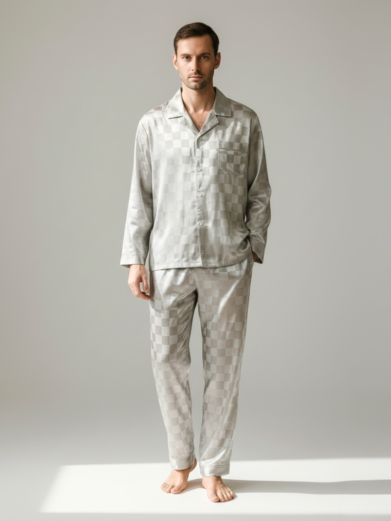 Men’s Ice Silk Long-Sleeve Pajama Set – Two-Piece Plaid Loungewear