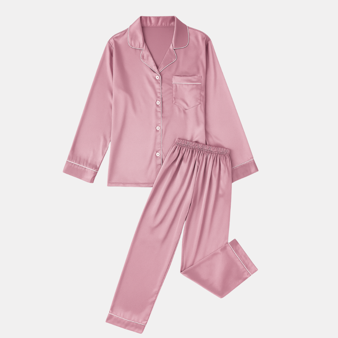 Ladies' Autumn and Winter Solid Color Imitation Silk Pajamas – Comfortable and Elegant Long Sleeved Home Suit Set for Women