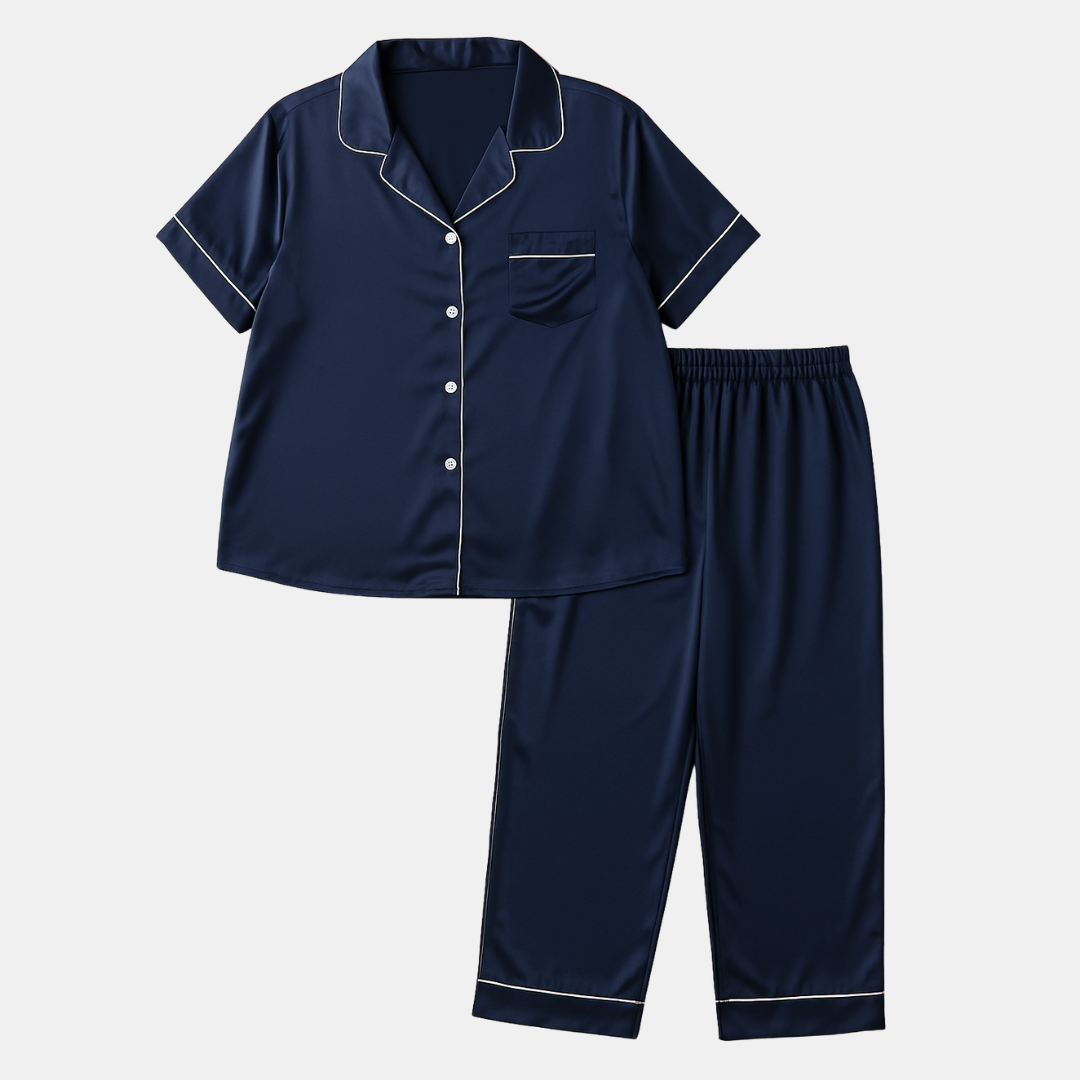 Silk Sleepwear Set for Plus Size Women – Fashionable Silk Tops and Long Pants Homewear