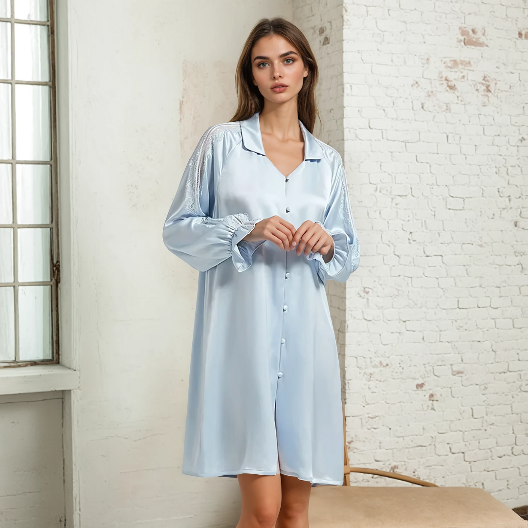 100% Mulberry Silk Lace Nightdress – Elegant Raglan Sleeve Sleepwear for Women