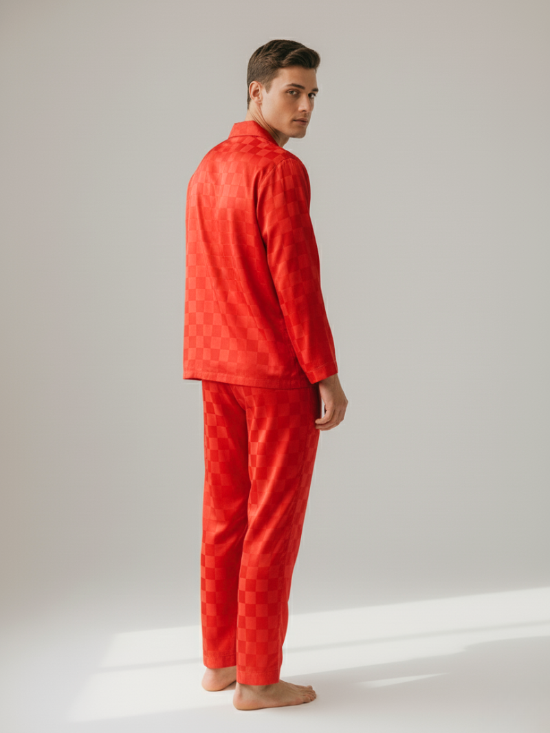 Men’s Ice Silk Long-Sleeve Pajama Set – Two-Piece Plaid Loungewear