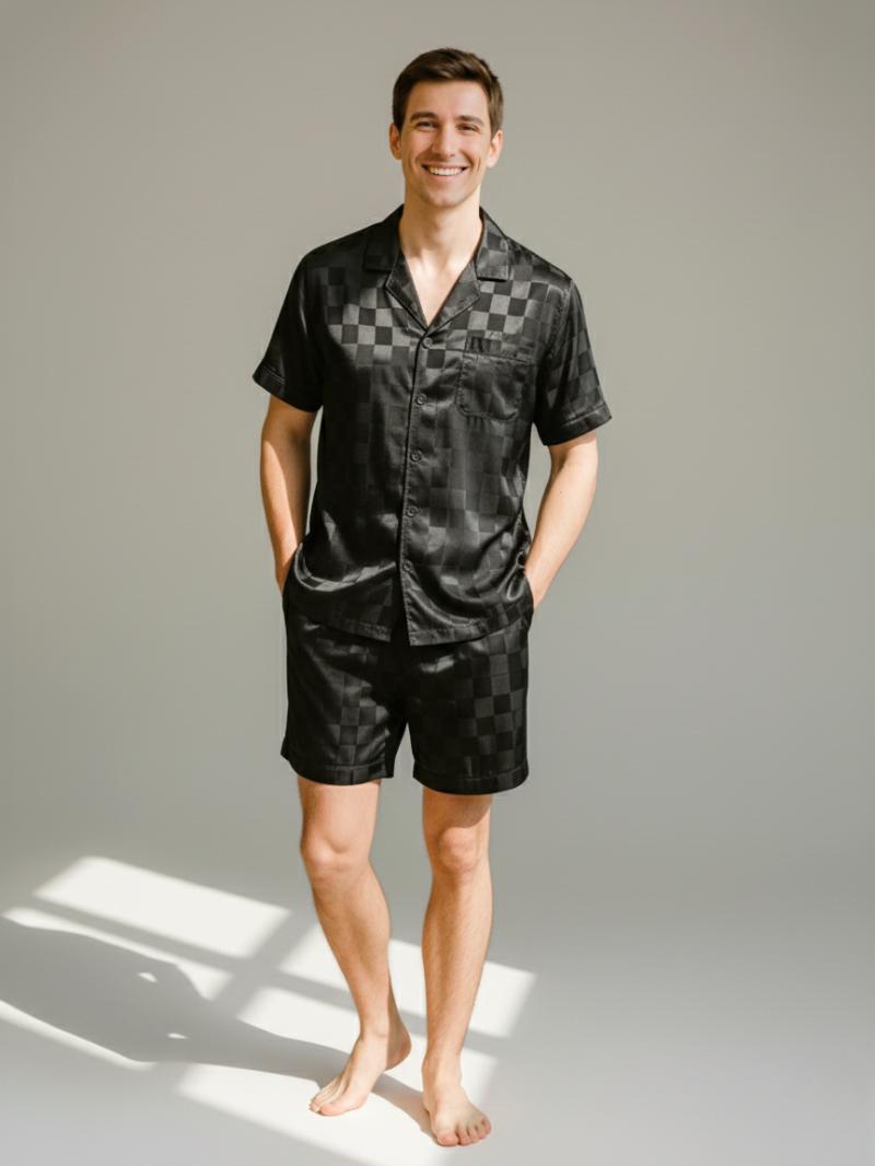 Men’s Ice Silk Long-Sleeve Pajama Set – Two-Piece Plaid Loungewear