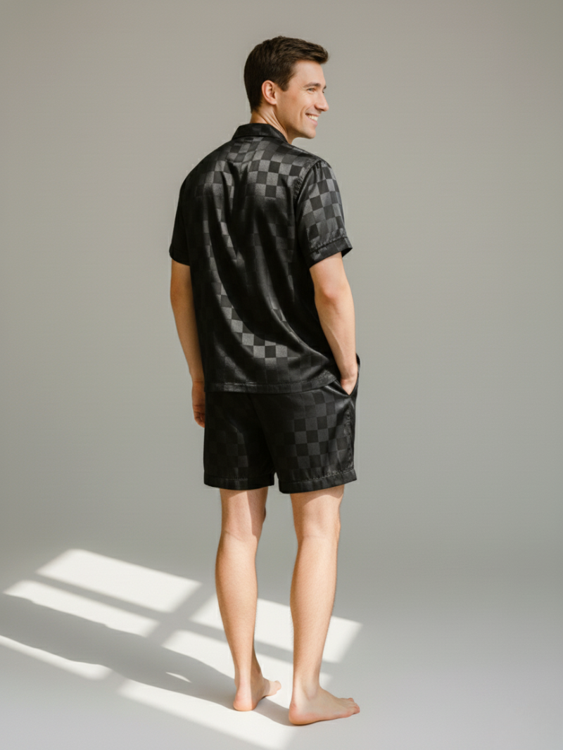 Men’s Ice Silk Long-Sleeve Pajama Set – Two-Piece Plaid Loungewear