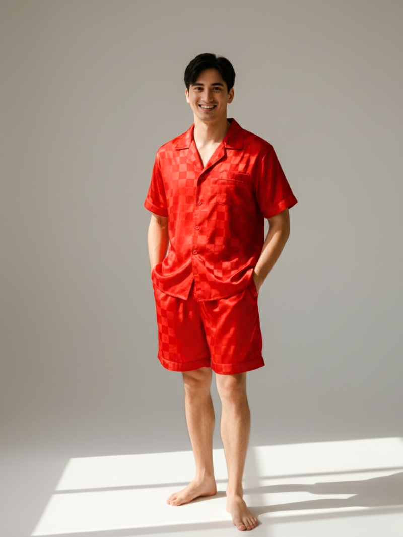 Men’s Ice Silk Long-Sleeve Pajama Set – Two-Piece Plaid Loungewear
