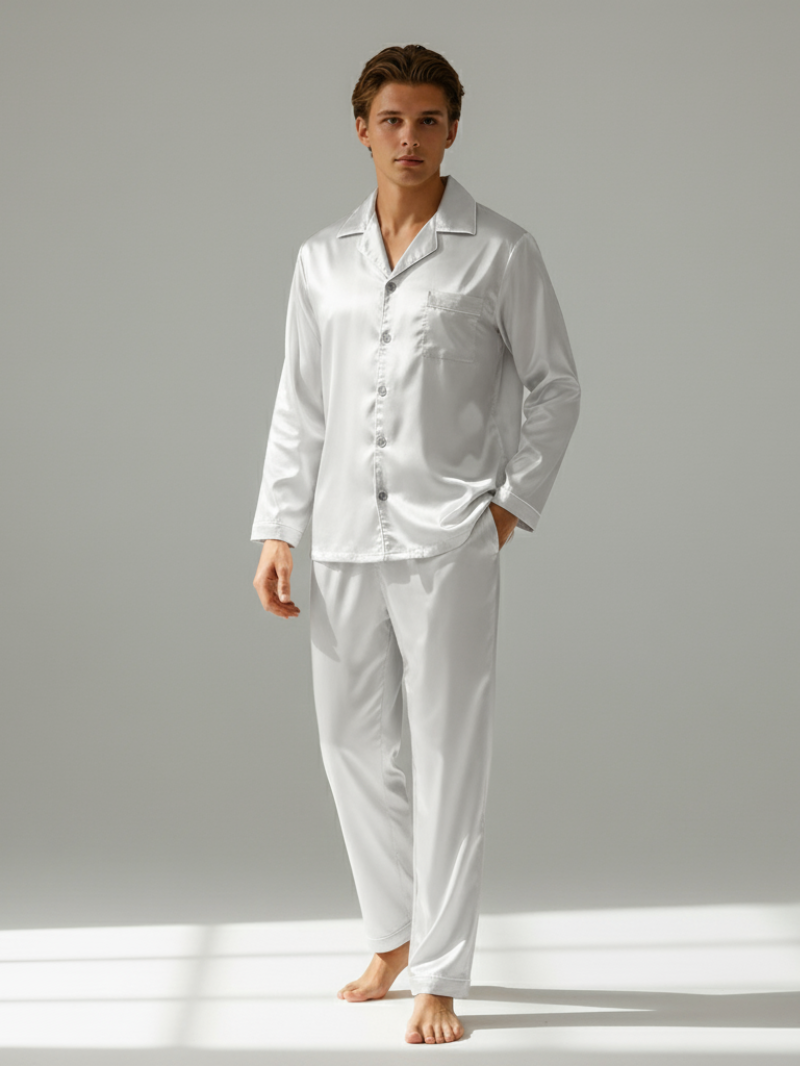 Men's Ice Silk Pajamas – Long Sleeve Pants Set for Spring and Autumn, Casual Summer Silk Suit