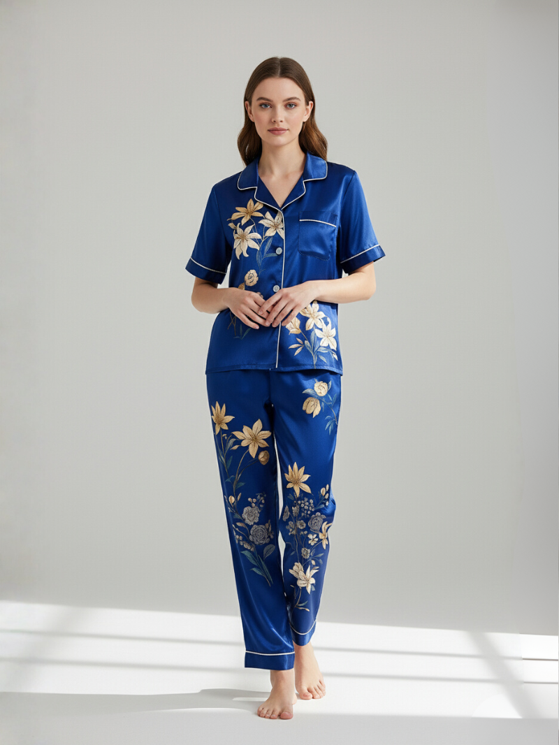 Women’s Pajama Set – Soft, Breathable Short Sleeve Polyester Sleepwear with Pants