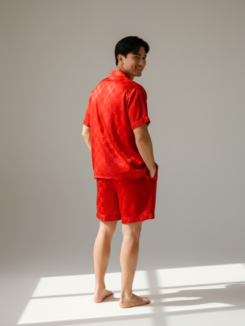 Men’s Ice Silk Long-Sleeve Pajama Set – Two-Piece Plaid Loungewear