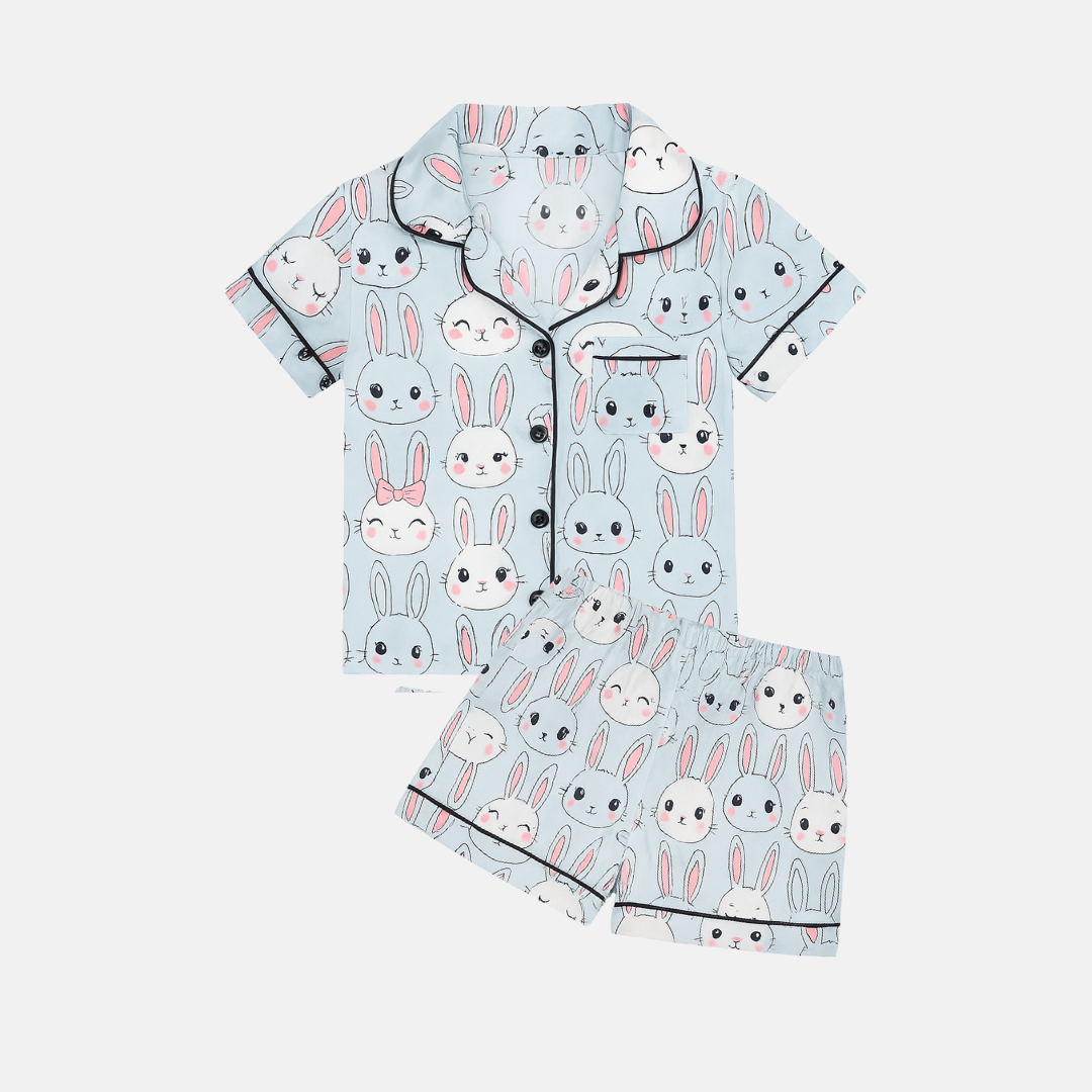 Kids’ Satin Pajama Set – Cute Bunny Print Short Sleeve Sleepwear
