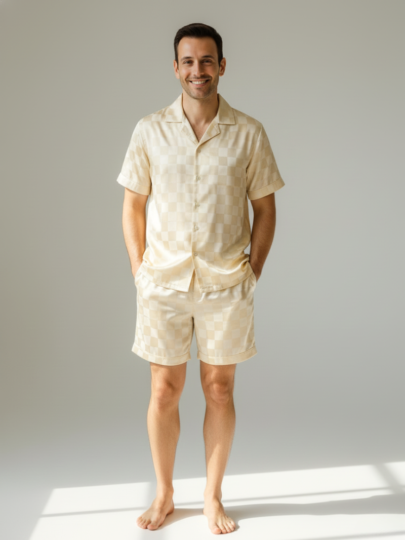 Men’s Ice Silk Long-Sleeve Pajama Set – Two-Piece Plaid Loungewear