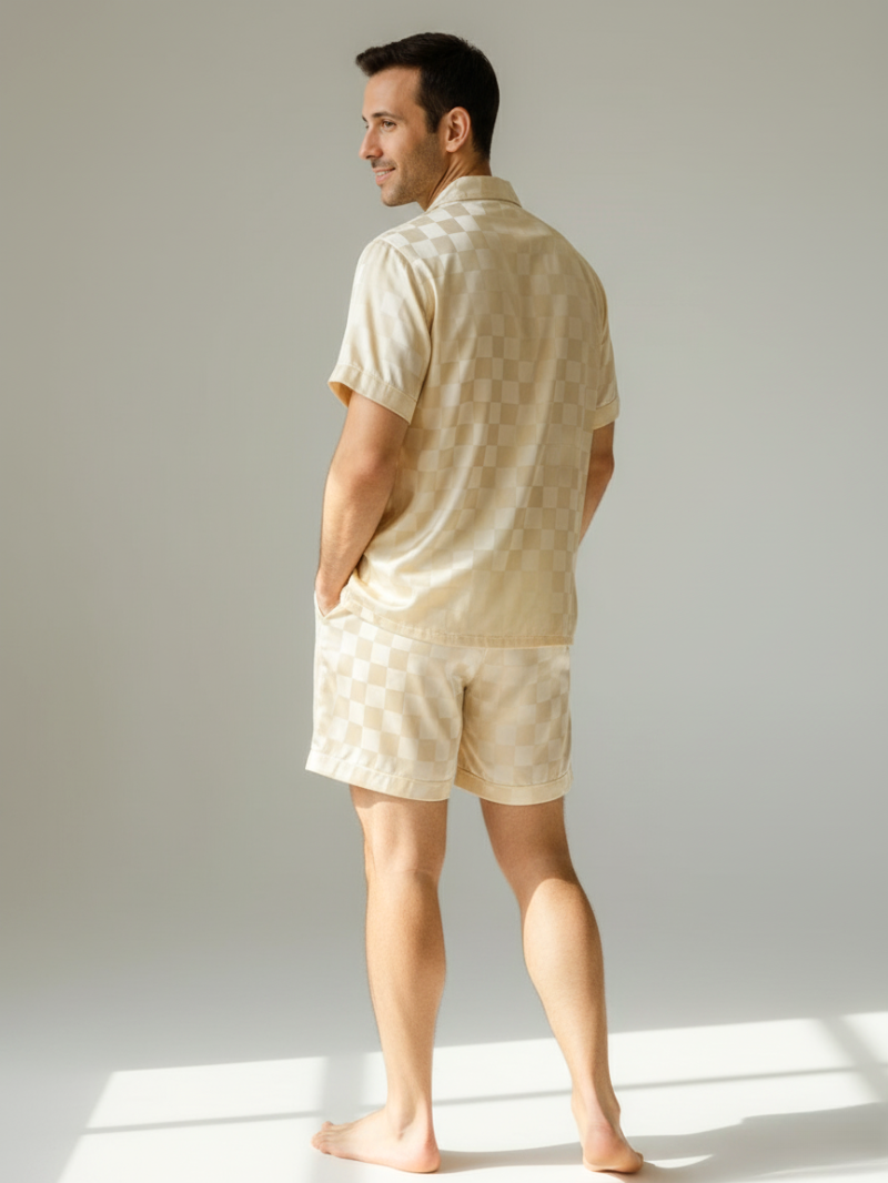 Men’s Ice Silk Long-Sleeve Pajama Set – Two-Piece Plaid Loungewear