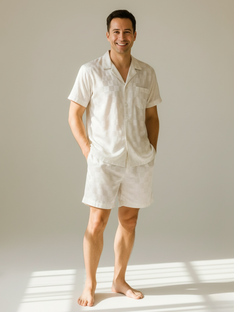 Men’s Ice Silk Long-Sleeve Pajama Set – Two-Piece Plaid Loungewear