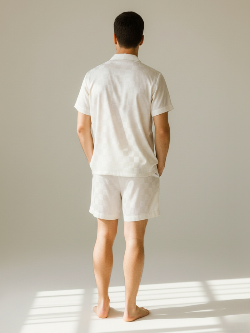 Men’s Ice Silk Long-Sleeve Pajama Set – Two-Piece Plaid Loungewear