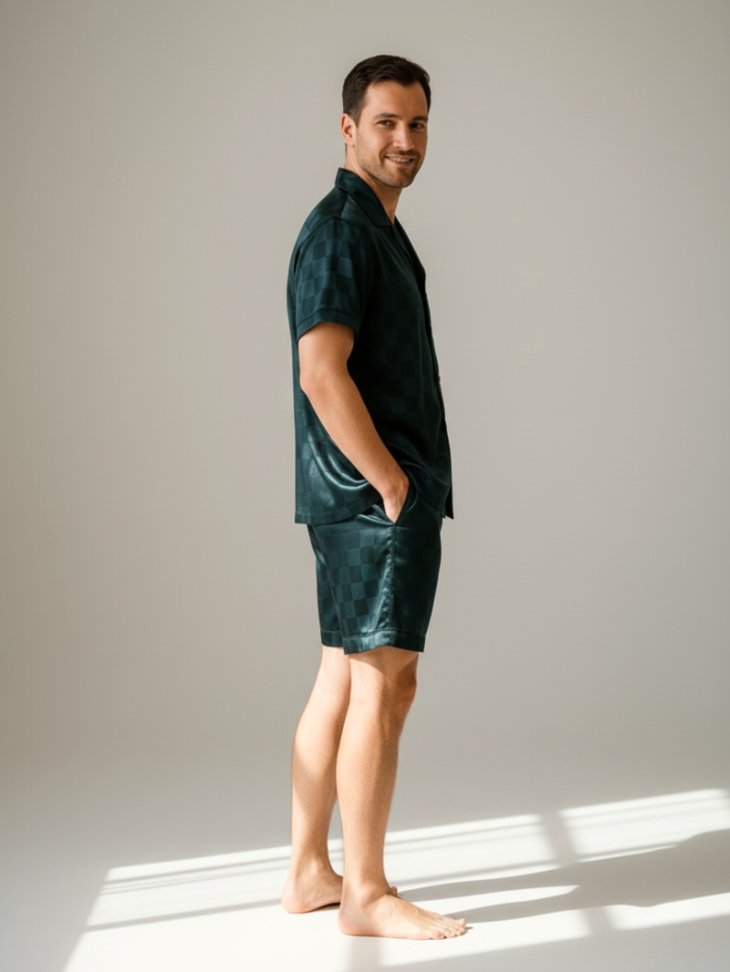 Men’s Ice Silk Long-Sleeve Pajama Set – Two-Piece Plaid Loungewear