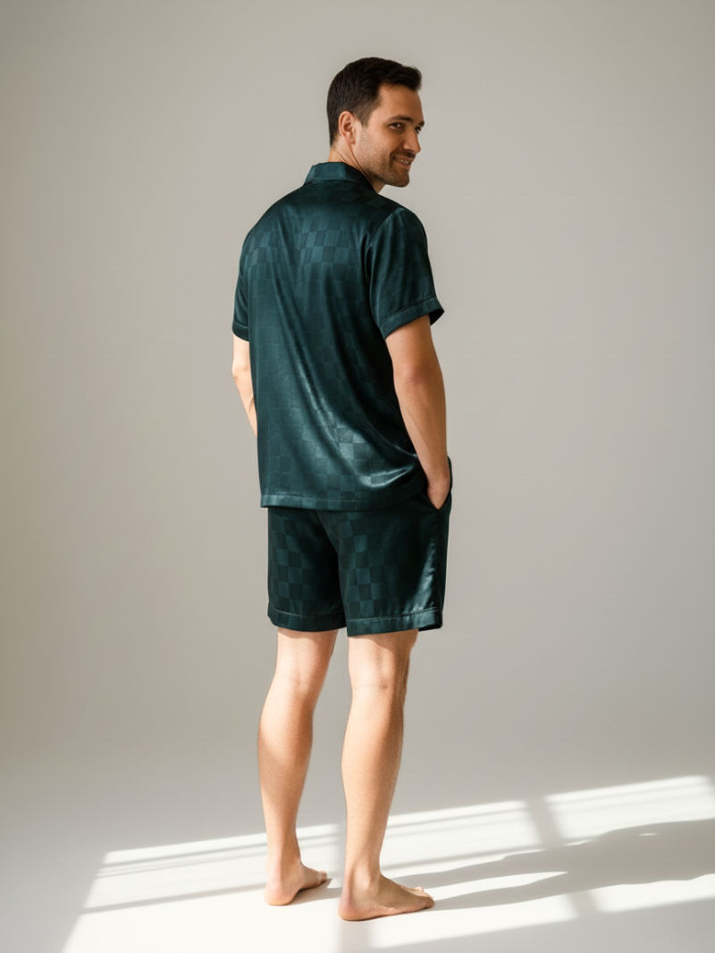 Men’s Ice Silk Long-Sleeve Pajama Set – Two-Piece Plaid Loungewear