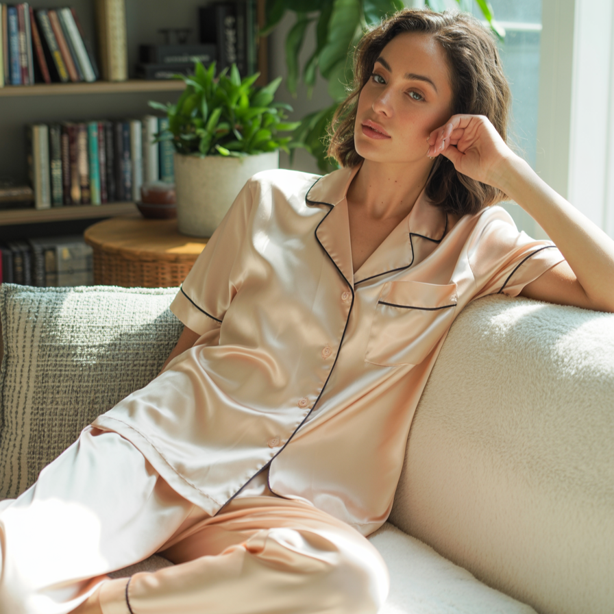 100% Mulberry Silk Pajama Set – Short Sleeve Button Top & Long Pants