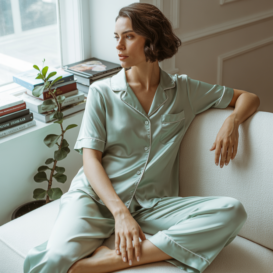 100% Mulberry Silk Pajama Set – Short Sleeve Button Top & Long Pants