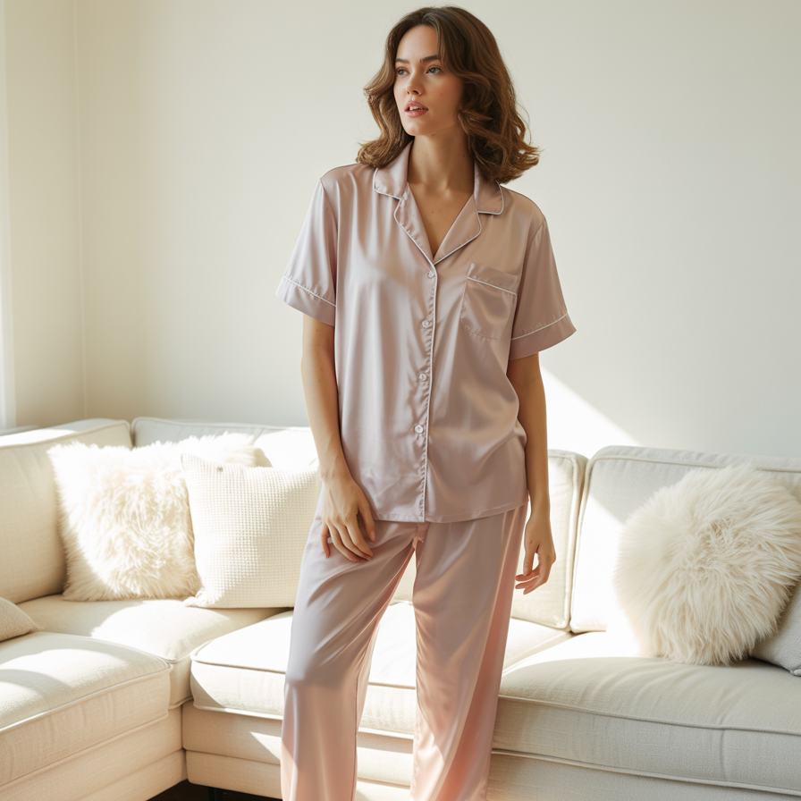 100% Mulberry Silk Pajama Set – Short Sleeve Button Top & Long Pants