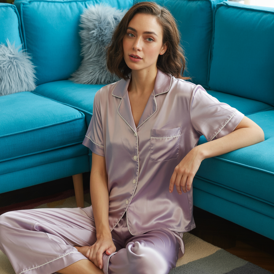 100% Mulberry Silk Pajama Set – Short Sleeve Button Top & Long Pants