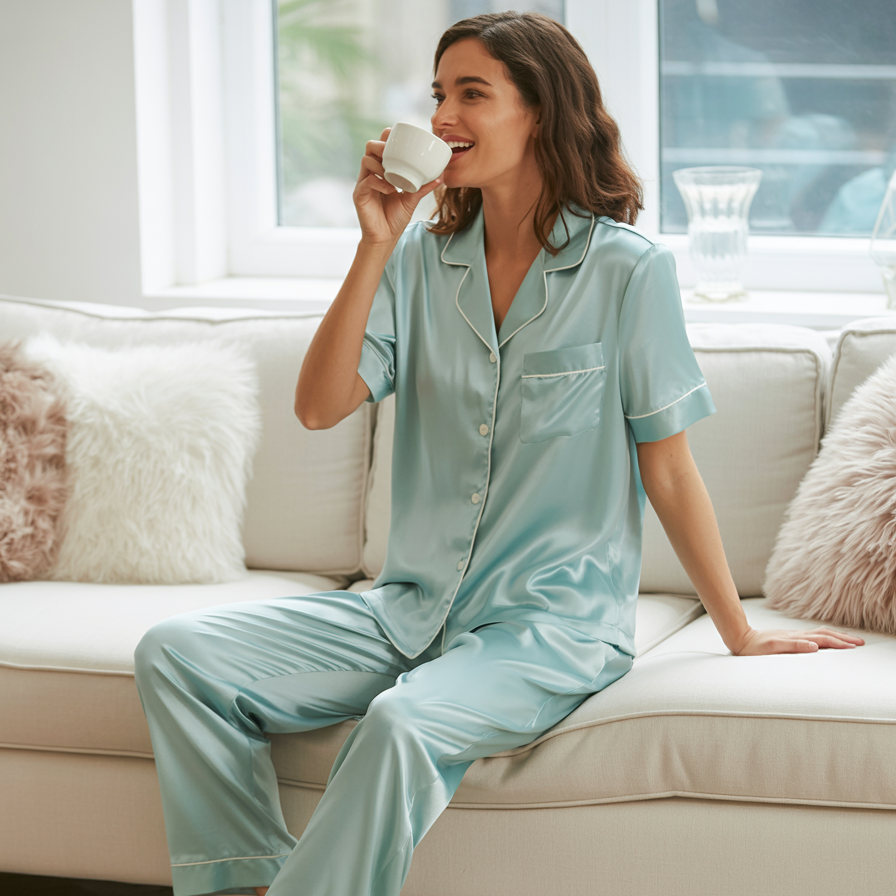 100% Mulberry Silk Pajama Set – Short Sleeve Button Top & Long Pants