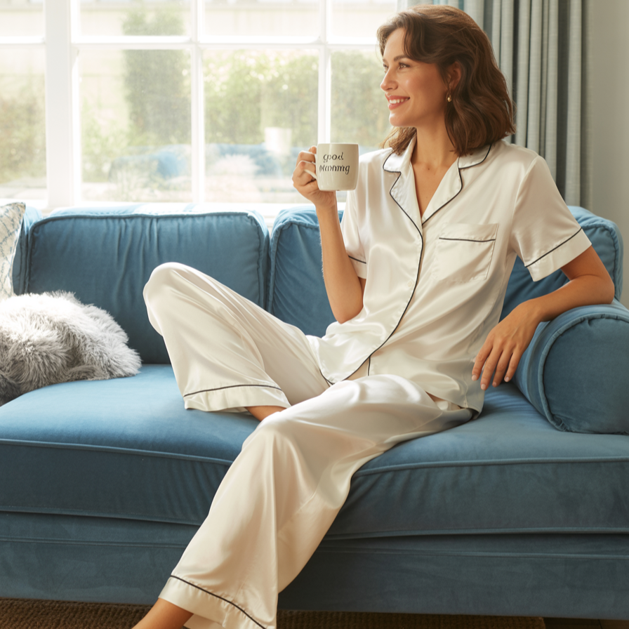 100% Mulberry Silk Pajama Set – Short Sleeve Button Top & Long Pants
