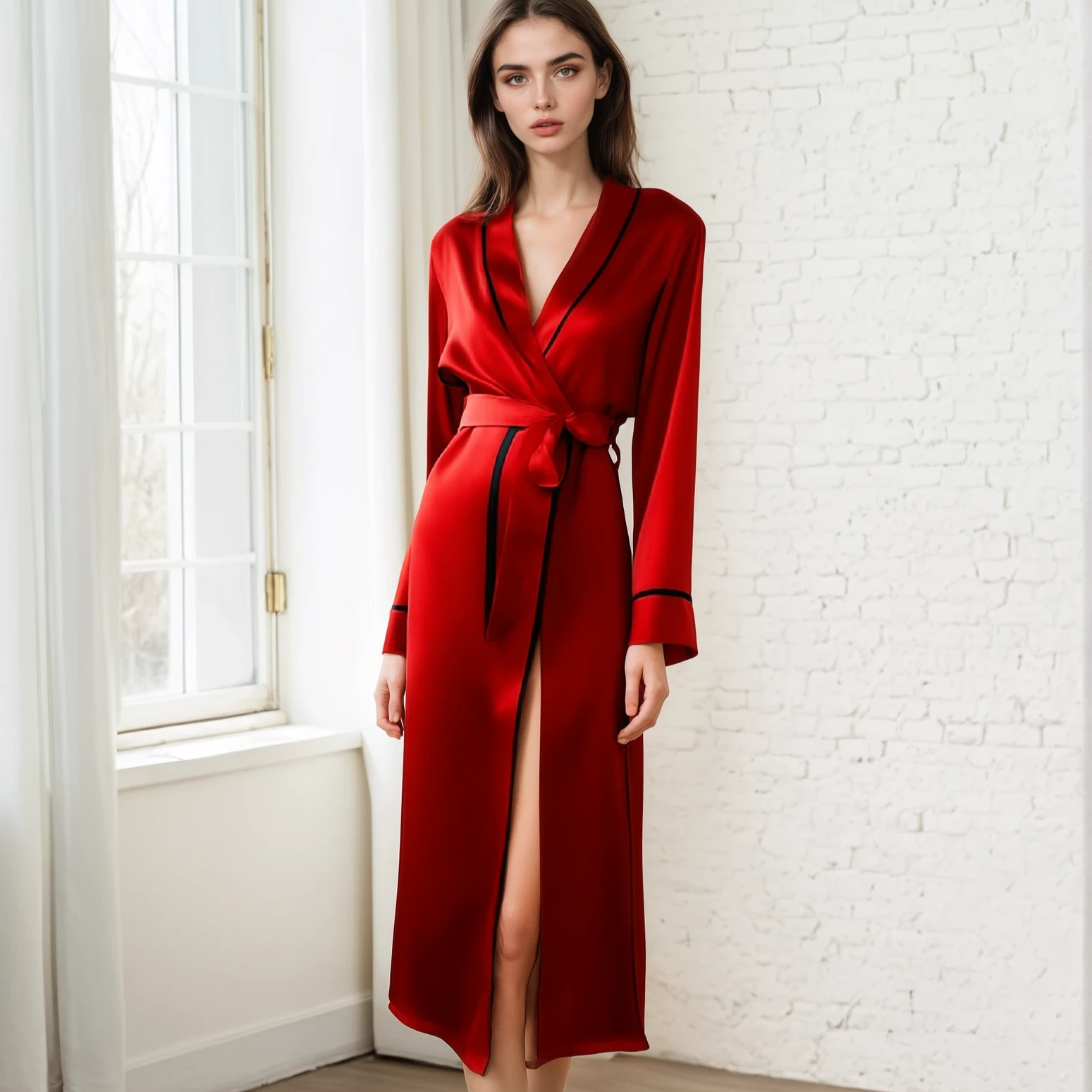 Elegant 100% Mulberry Silk Robe – Long Sleeve V-Neck Belted Silk Robe for Women