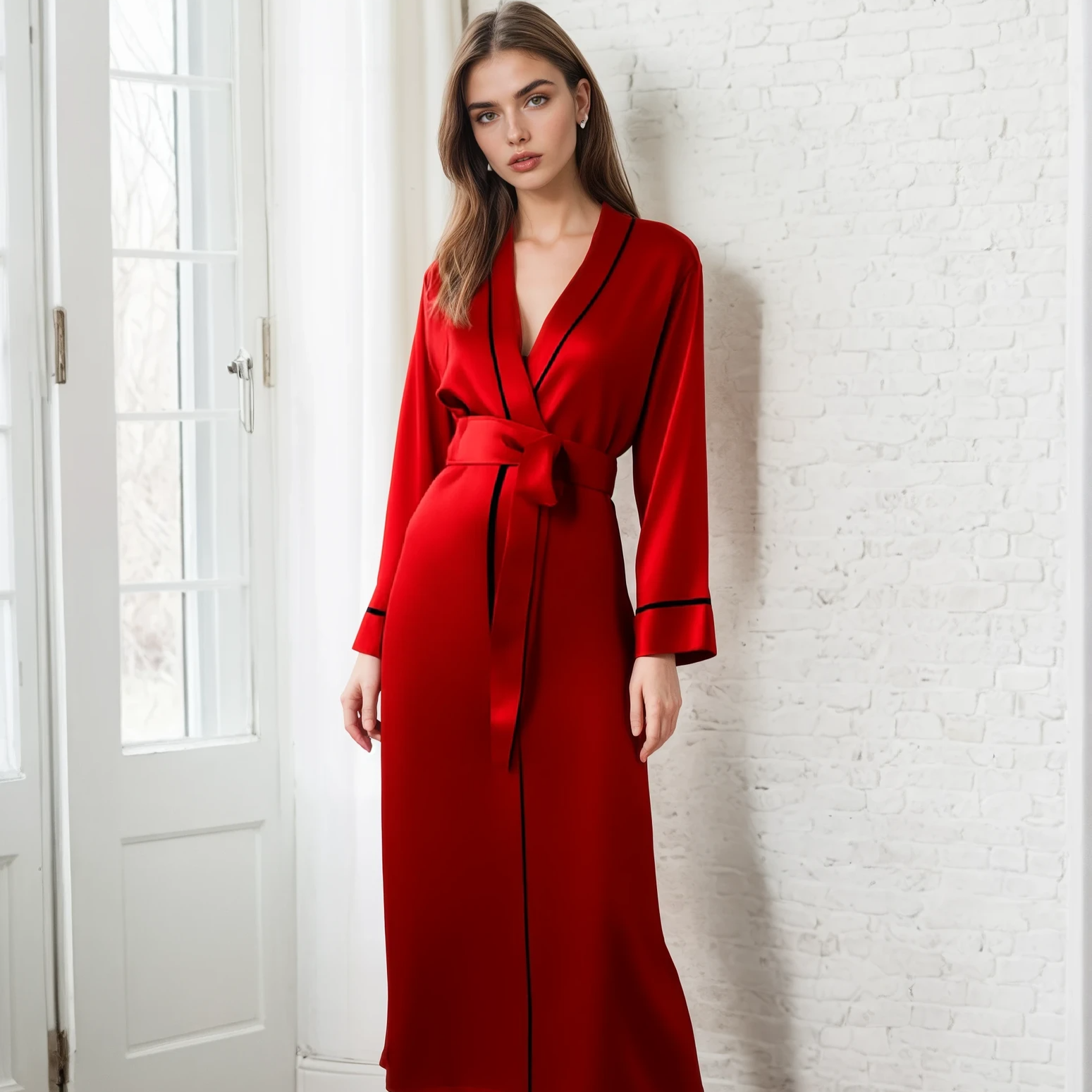 Elegant 100% Mulberry Silk Robe – Long Sleeve V-Neck Belted Silk Robe for Women