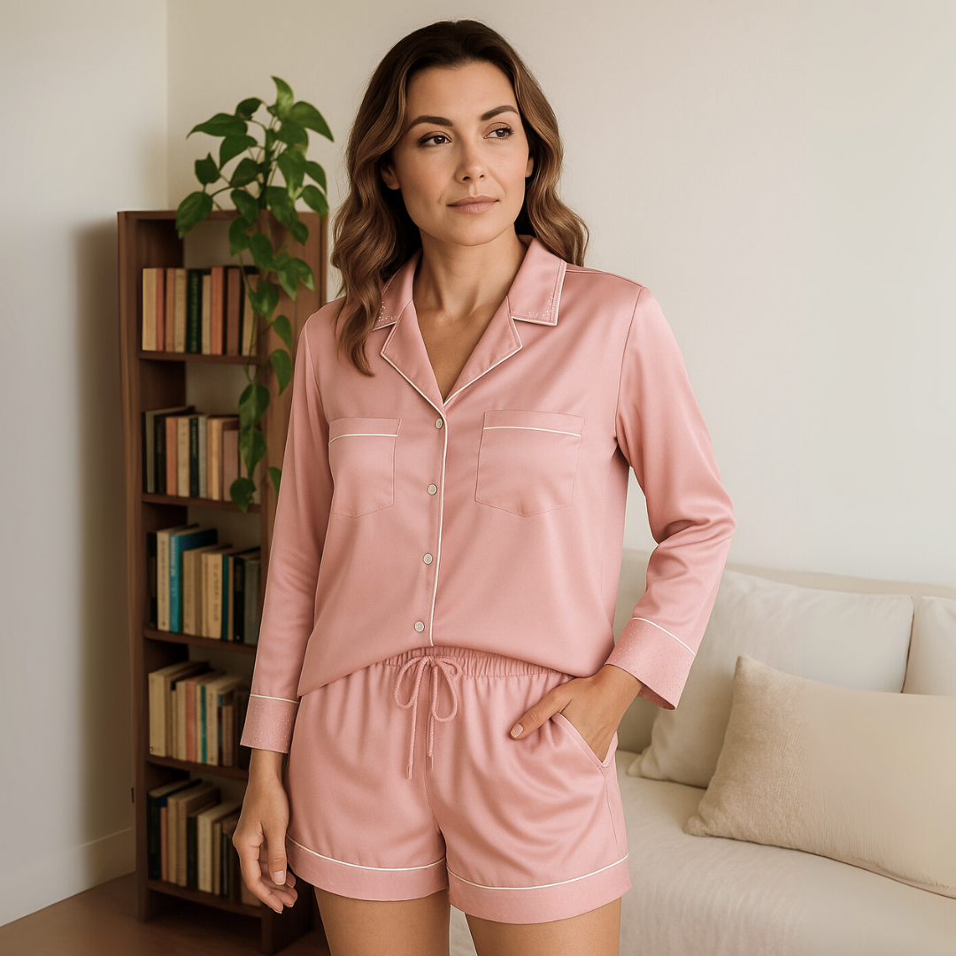 100% Mulberry Silk Pajama Set for Women – Long Sleeve Shirt & Shorts